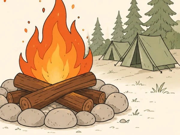Illustration eines Lagerfeuers mit Zelten und Tannen